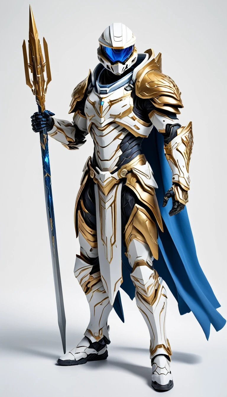 Masterpieces, Holy White Knight, Action style shot, (Battle Priest in a warframe and halo style armor with a spear), (white blue, gold and silver color scheme), (white hood and cape), (action shot: holding spear, (quiver on back), white and blue tabard (solid color background), centered, full body shot, (dynamic action stance pose), sci-fi knight, Halo master chief, vibrant colors, visible figure joints, cinematic shot, volumetric lighting, intricate pattern detail, highly detailed