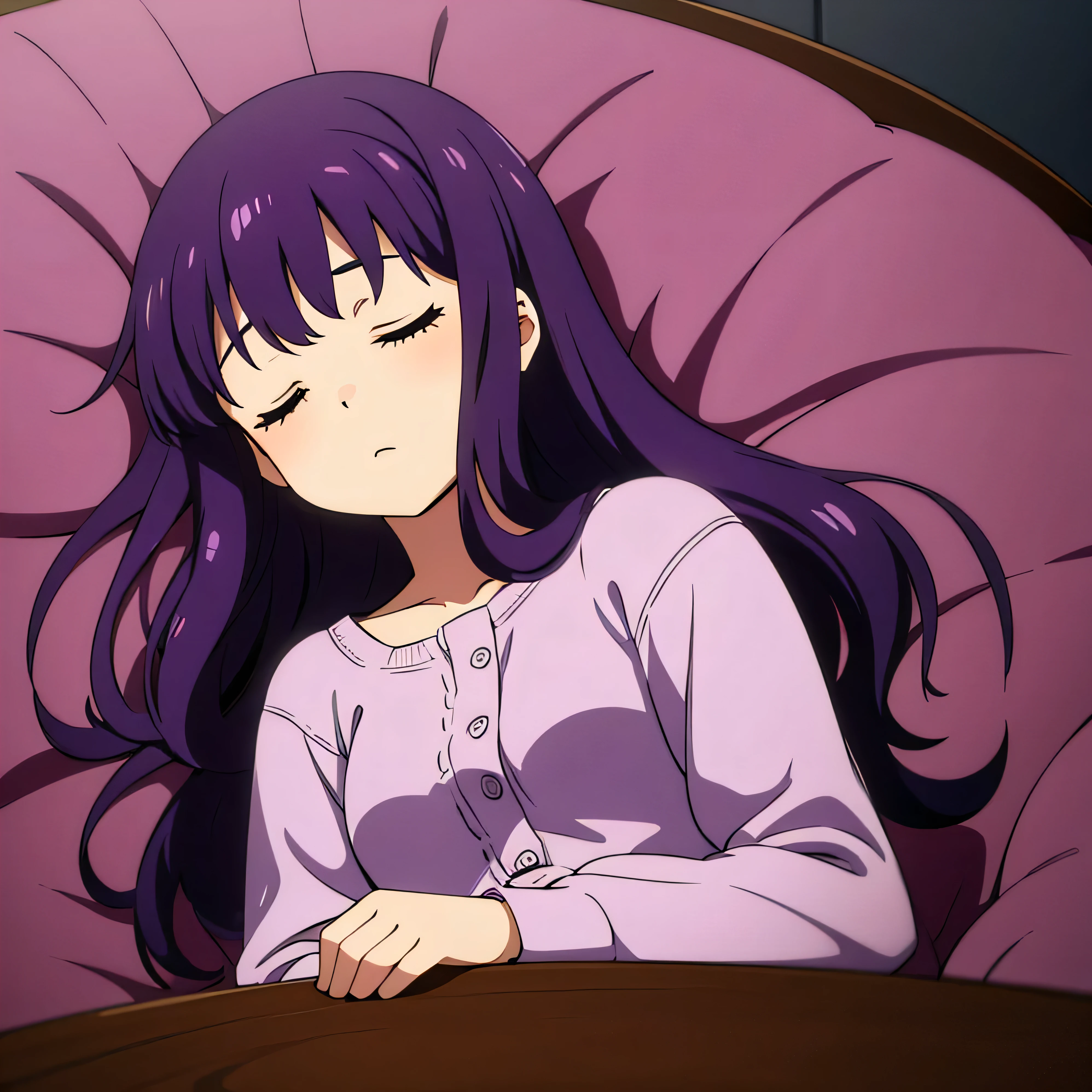 low quality, lofi, sleeping girl, purple filter