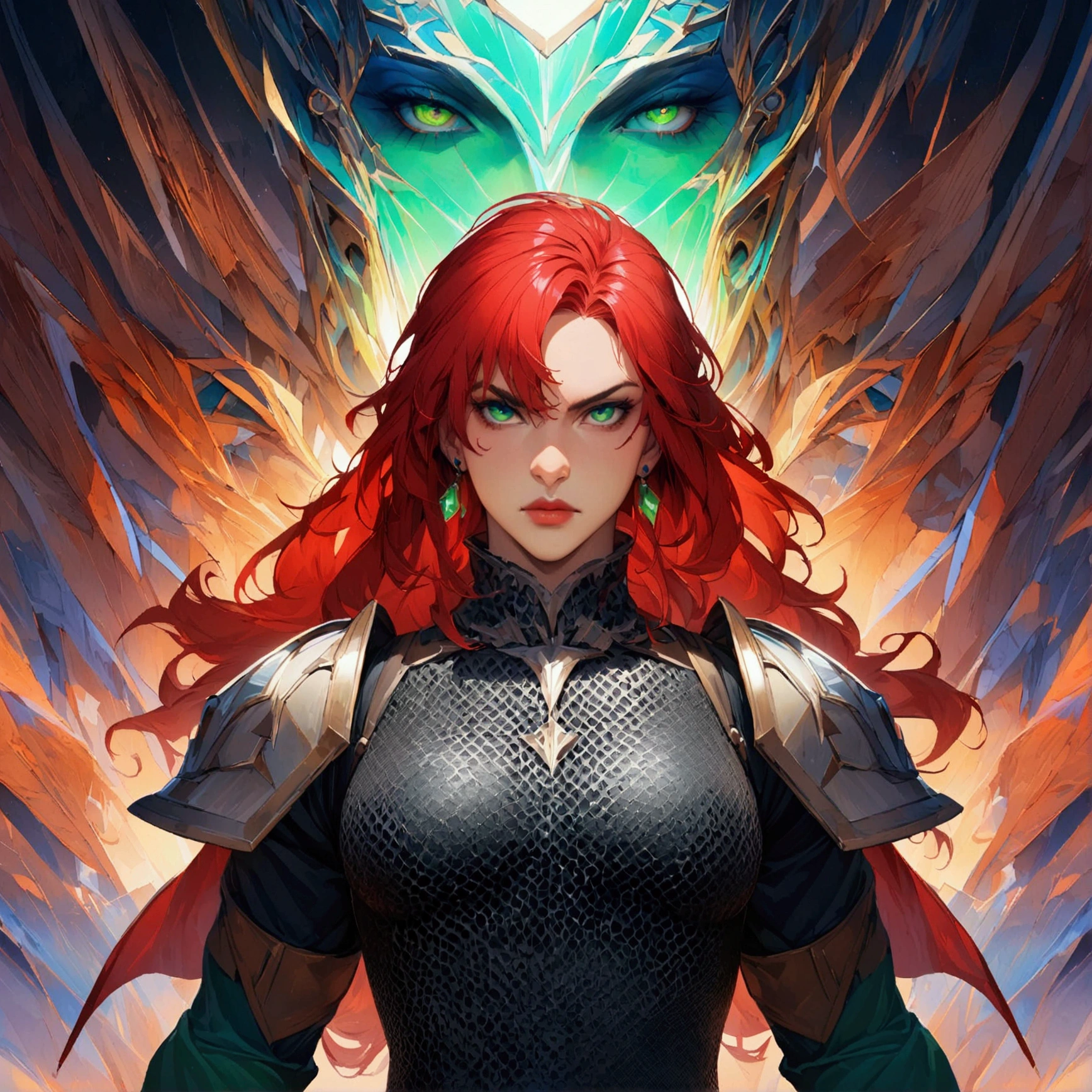 Man, strong and robust body, long red hair, green eyes, green earring, chainmail, paladin tunic, serious expression, "dnd character portrait, incredibly detailed, 4k resolution, high-octane rendering, boasting high-resolution clarity, magical and intricate scenery, dramatic and impressive lighting, packed with creative details, in the style of disco elysium –s 750 –v 5.1"