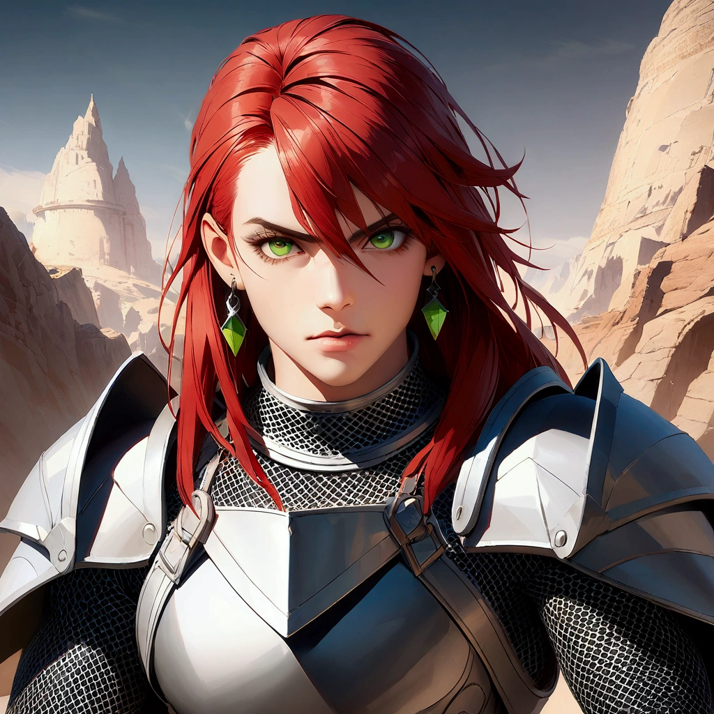 Man, strong and robust body, long red hair, green eyes, green earring, chainmail, paladin tunic, serious expression, "dnd character portrait, incredibly detailed, 4k resolution, high-octane rendering, boasting high-resolution clarity, magical and intricate scenery, dramatic and impressive lighting, packed with creative details, in the style of disco elysium –s 750 –v 5.1"