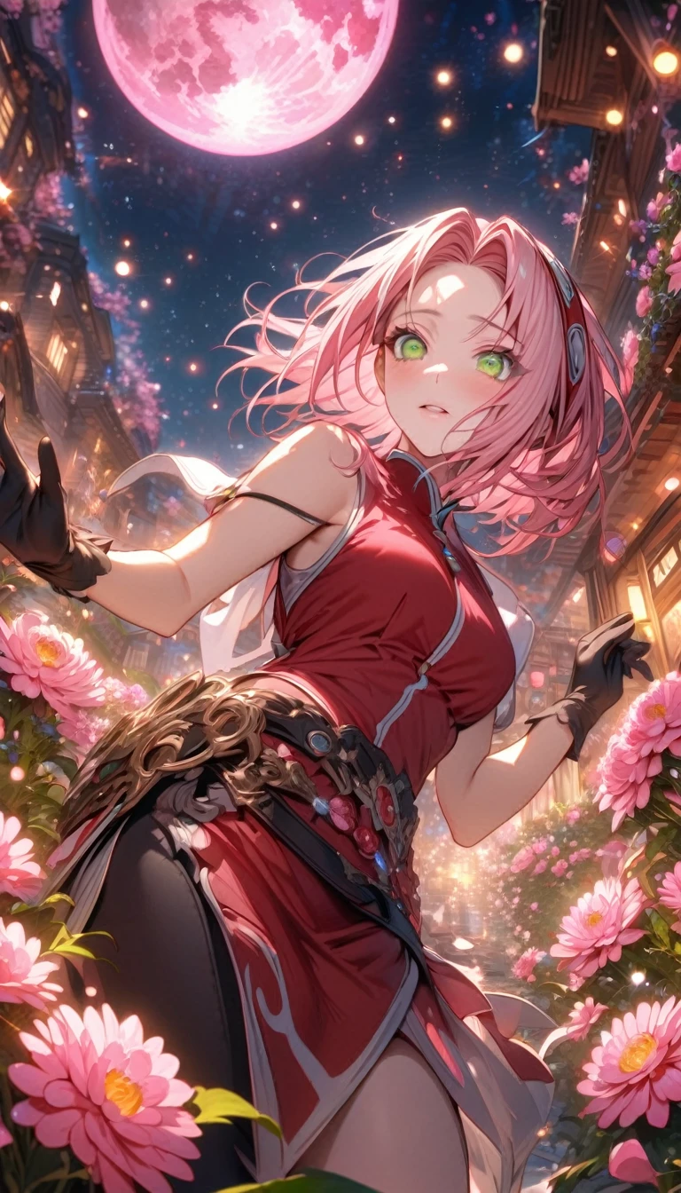 absurdres, highres, ultra detailed, HDR, master piece, best quality, extremely detailed, Haruno Sakura, pink hair, expressive green eyes, Naruto Shippuden, woman, solo, beautiful, red shirt, black gloves, fantasy, sparkling, pink glittering fireflies, pink moon, pink blossoms, pink chrysanthemums, pink sparkling lights, starry sky, magical