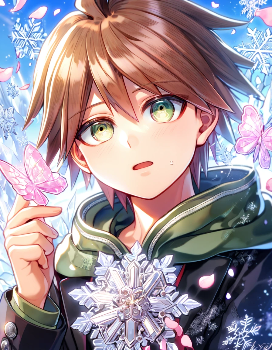 Ultra detailed, HDR, Highres, absurdres, master piece, Naegi Makoto, brown hair, expressive hazel eyes, black jacket, dull green hoodie, Danganronpa, handsome, ice glittering butterflies, ice, petals, ice pink glass flowers, glittering, fantasy, magical, snowflakes, cold, solo, sexy man,