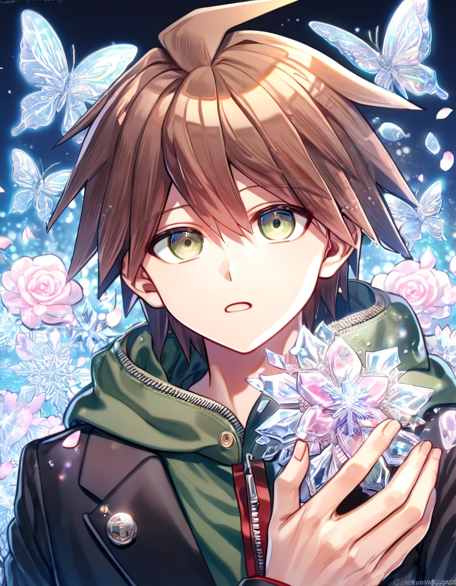 Ultra detailed, HDR, Highres, absurdres, master piece, Naegi Makoto, brown hair, expressive hazel eyes, black jacket, dull green hoodie, Danganronpa, handsome, ice glittering butterflies, ice, petals, ice pink glass flowers, glittering, fantasy, magical, snowflakes, cold, solo, sexy man,