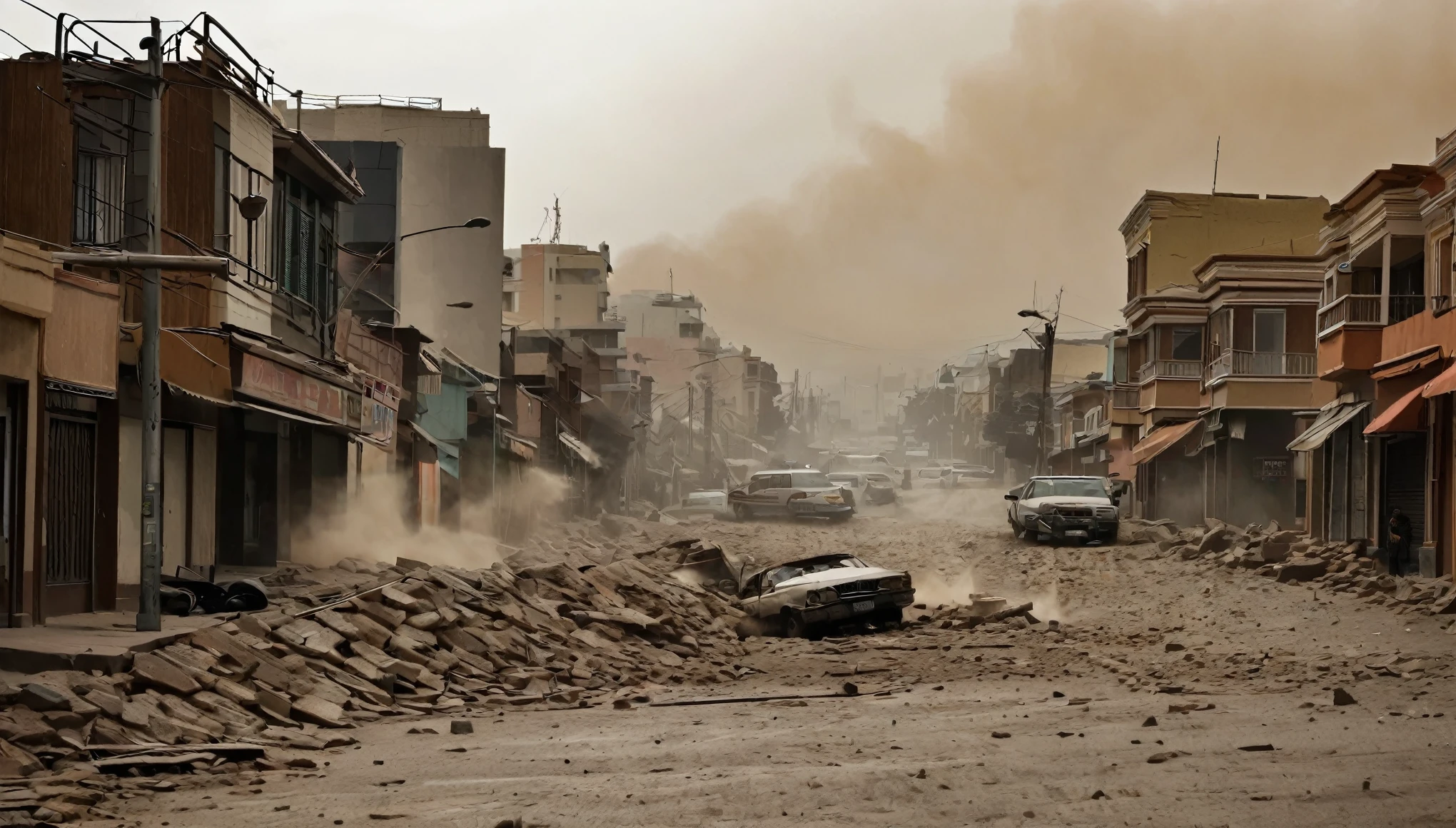 whoa, Dramatic image depicts a frightening earthquake scenario. The scene shows houses and buildings shaken due to the strong tremor in Atacama, Chile. People on the street and dust raised due to the strong movement of buildings. The darkened sky makes the scenario threatening and critical.