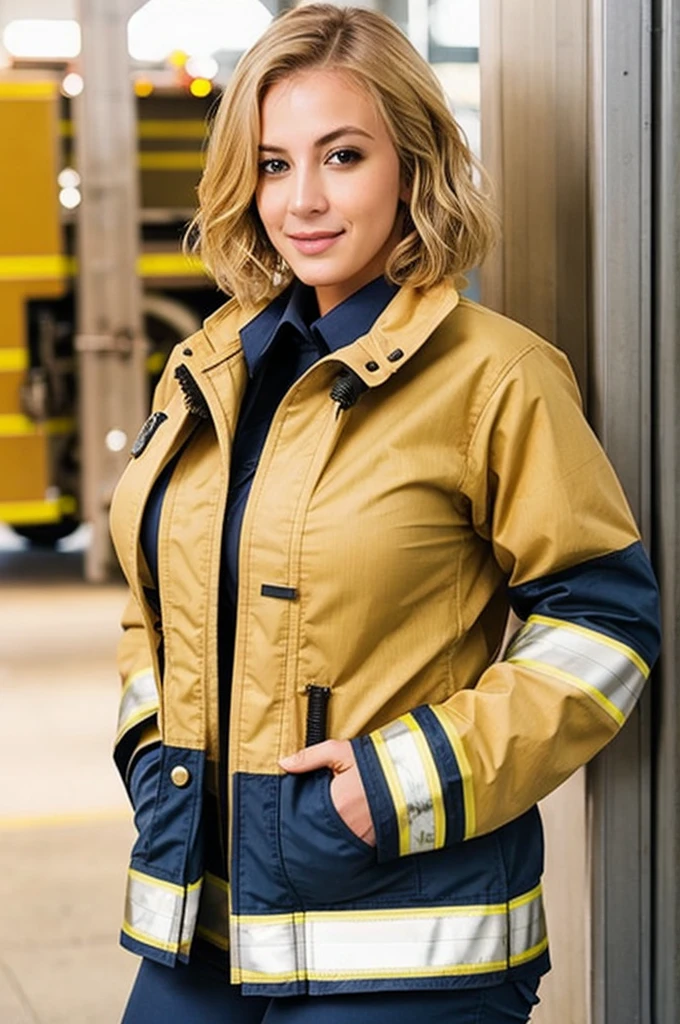 Sexy Firefighter huge breasts uniform blonde short hair at San Francisco 