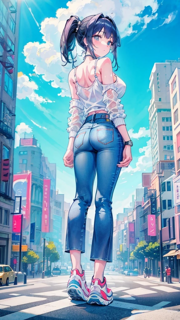 Composition viewed from below　masterpiece　back　Butt　Anime Style　Delicate painting　4K　90's　giant　Multiple Girls　crowd　 　　Metropolis　　　crowd　Crowd of people　Giant girl standing in the city valley　Denim pants　Big Breasts　White T-shirt　Summer clothes　No sleeve　Tank top　White Bra　Her underwear is visible　Sweating profusely　Private Server　sneakers　White socks　watch　Black Hair　ponytail　smile　blue sky　cumulonimbus　female giant giant girl Whole body 　 Crowd Unreal Engine,cleavage ,a drawing of a , earrings, long hair,Cute picture　Beauty　Analog style　whole body　sneakers