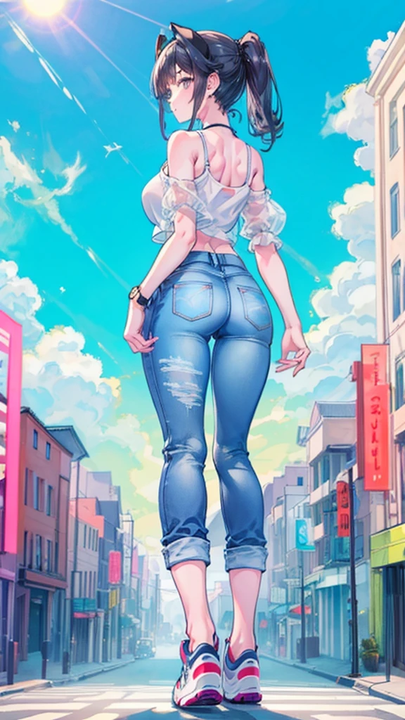 Composition viewed from below　masterpiece　back　Butt　Anime Style　Delicate painting　4K　90's　giant　Multiple Girls　crowd　 　　Metropolis　　　crowd　Crowd of people　Giant girl standing in the city valley　Denim pants　Big Breasts　White T-shirt　Summer clothes　No sleeve　Tank top　White Bra　Her underwear is visible　Sweating profusely　Private Server　sneakers　White socks　watch　Black Hair　ponytail　smile　blue sky　cumulonimbus　female giant giant girl Whole body 　 Crowd Unreal Engine,cleavage ,a drawing of a , earrings, long hair,Cute picture　Beauty　Analog style　whole body　sneakers