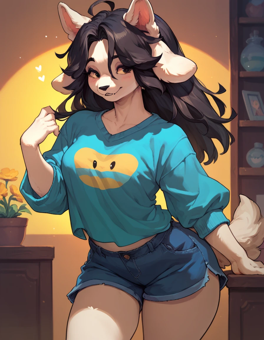 score_9,score_8_up,score_7_up, temmie from undertale, Anthro girl, black hair, dark brown eyes, curvy, white furry body, floppy white ears, cute canine girl, wearing shirt, shorts, 