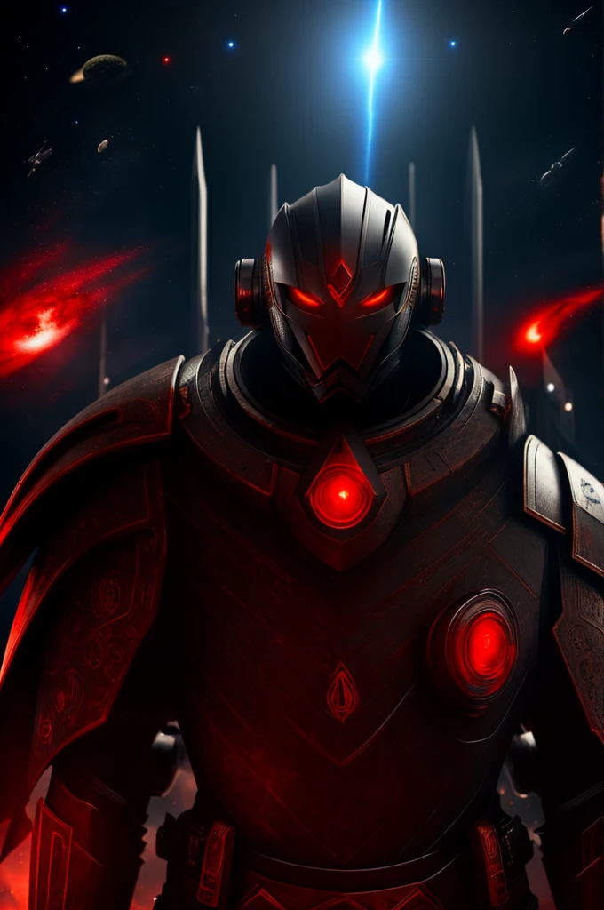 masterpiece, high quality, Big man, red armor, diving tanks, Red eyes, black sclera, SERIOUS LOOK, black trident, advanced age, black hair, strong, great bearing, space background, planets, visible face