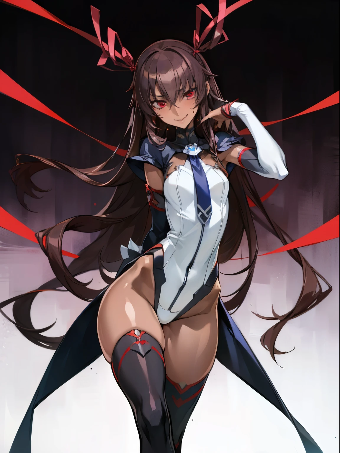 (Highest quality、masterpiece:1.2),  1 Female、 Yukikaze, (Dark-skinned woman) Slender woman、Brown long hair、Red eyes、Red ribbon、(Black high leg、Black knee-highs), ((Malicious look、Vulgar smile)) Mr.々A pose