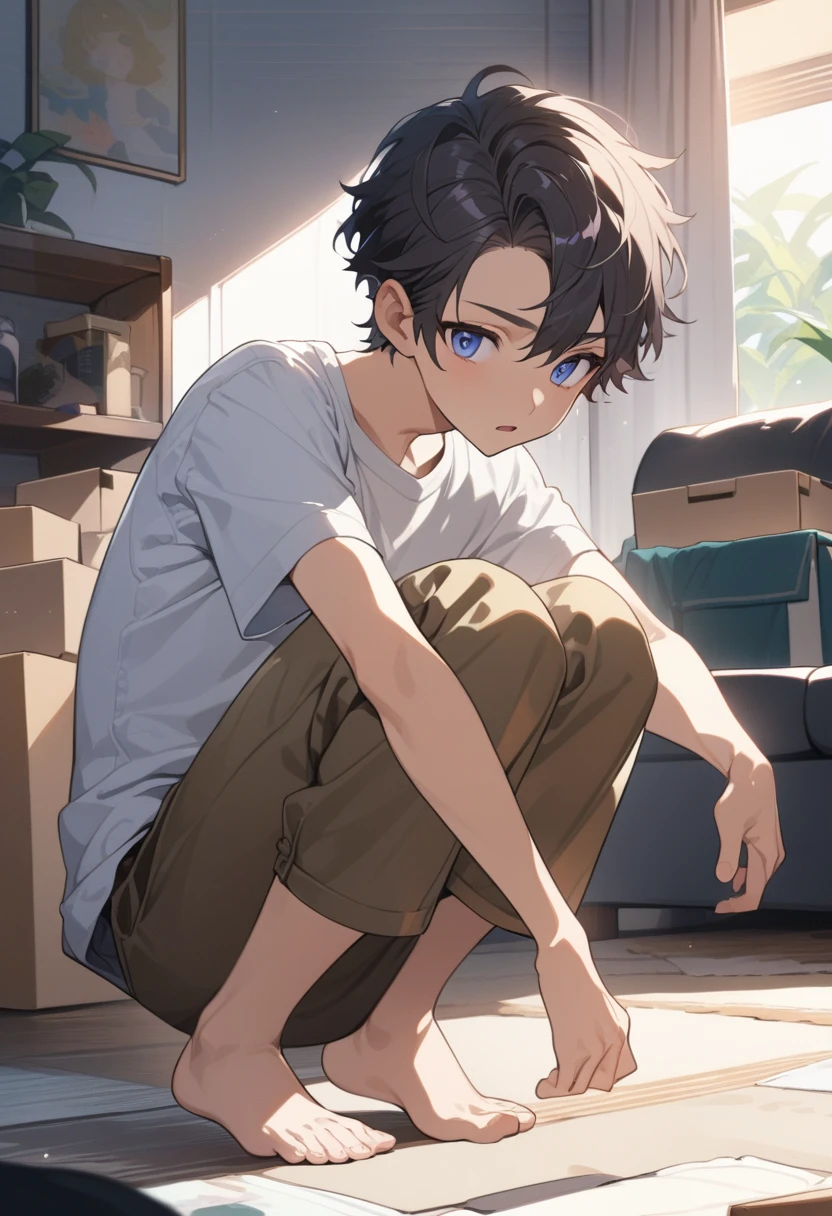 masterpiece, best quality, extremely detailed, ultra detailed, flat anime, 2D, ((1boy)),black hair, (short hair:1.5),blue eyes, height 1.7meters, (circle eyes:1.2), (young adult:1.2), Ear-length sideburns, long Sleeves, White T-shirt, barefoot, ((short sleeves)), ((long pants)), squatting, open mouth, summer, 12AM, livingroom,organizing the boxes., ((portrait)),full body,expressionless