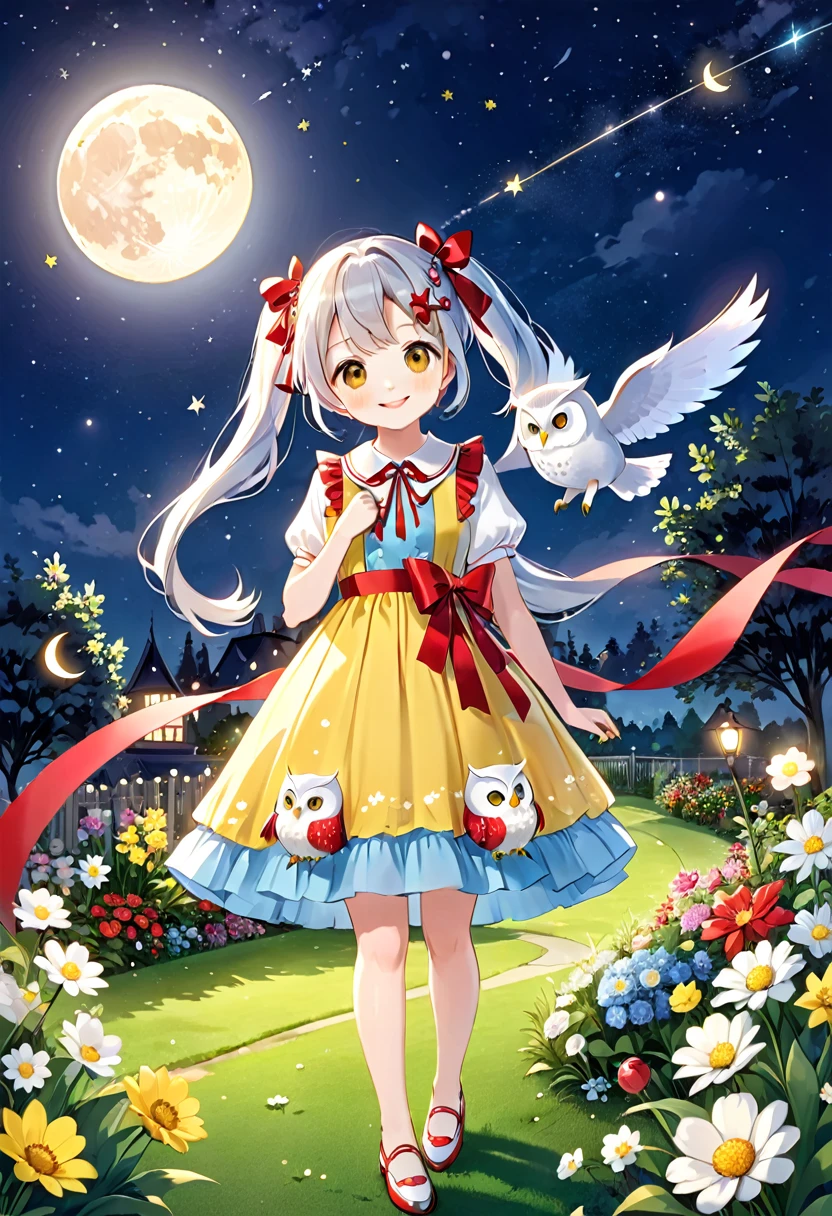 Light blue long hair、Beautiful girl with twin tails、The dress has a cute big red ribbon、Yellow Dress、Bright smile、Night Sky、Big Moon、shooting star、Face Highlights、A lawn garden with lots of flowers blooming、A pure white owl wearing a ribbon is looking at a beautiful girl