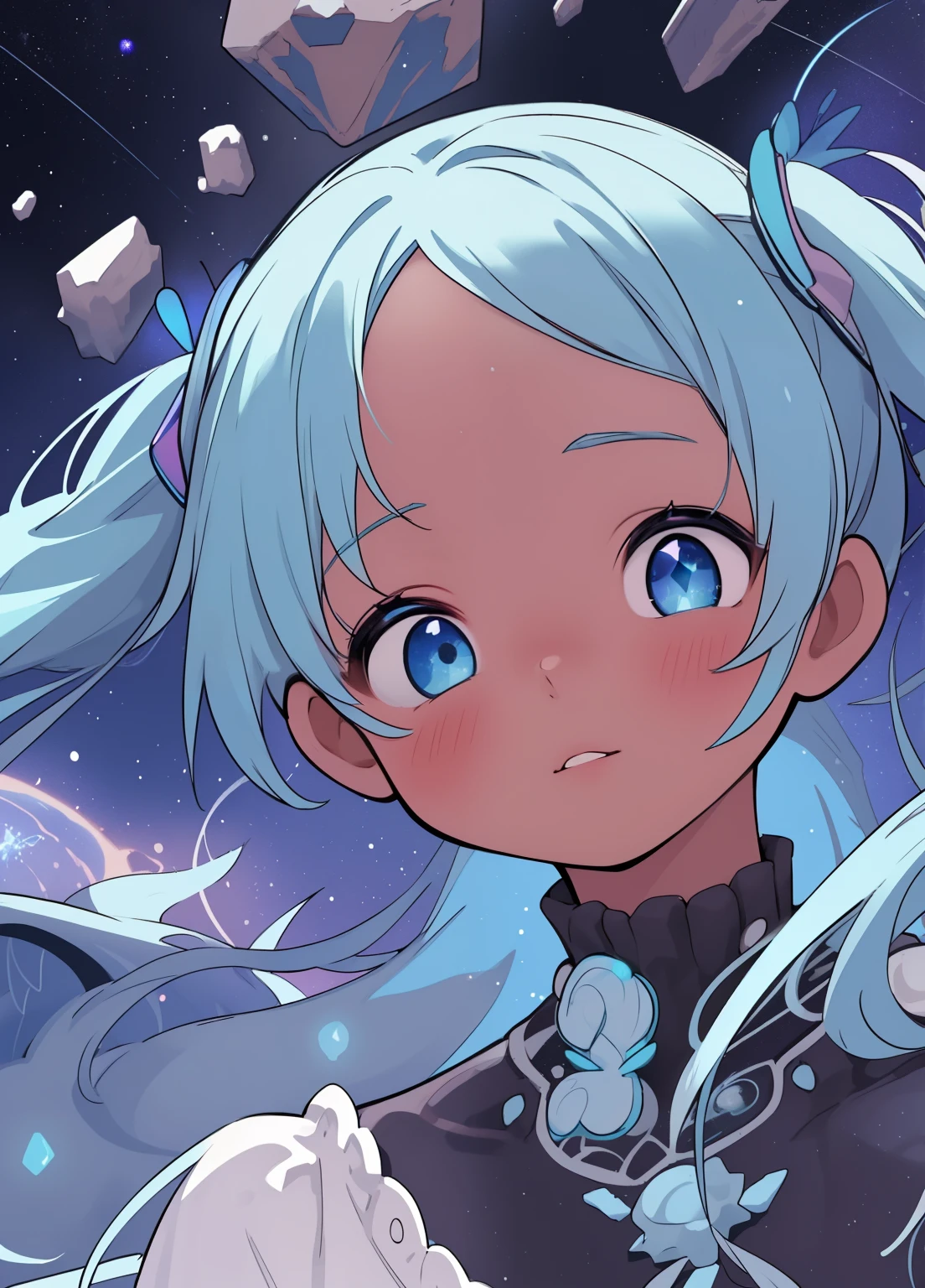 (masterpiece、Highest quality、Highest quality、Official Art、Beautiful and beautiful:1.2)、(One girl:1.3)Hatsune Miku、Twin tails,Beautiful breasts,((close)), One, masterpiece, Highest quality, so beautiful, Absurd, Hello World, (Mai Yoneyama:1.4), (Quasar Cake:1.2), ((Lips parted)), 1 girl, Detailed lighting, rendering, Beautiful Eyes, Perfect Hair, Detailed face and body,
((Dark Skin)), , Facial Scales, White mermaid tail, Mermaid Ears, The princess cut her bangs, Curly Hair, (((Neon Hair))),
Floating in space, The ruins of Star Citadel、Colorful nebula and shining stars々Floating between。.. Fractured crystalline structures reflect light from distant quasars, Creating a kaleidoscope of cosmic colors. Arches and towers, Decorated with ancient runes and constellations, Floating, Connected by a mysterious energy. asteroid, Covered in exotic plants, Creating an aerial garden, Where glowing plants create a symphony of blue and purple. Spatial Portal, surrounded by rubble from the ruins, Open to an unknown world, Their outlines pulsate with the energy of the stars.. The silence of space is broken by the gentle rumble of the solar wind, Creates a solemn and fantastical atmosphere.