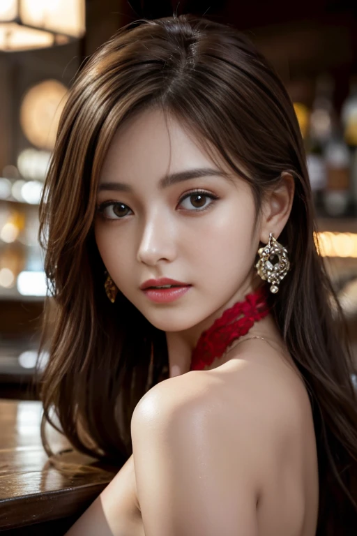 masterpiece, Highest quality, Realistic, Very detailed, Finer details, High resolution, 8k wallpaper, One beautiful woman, Great bar counter, At night, Light brown messy hair, Perfect dynamic composition, Beautiful and beautiful eyes、Big earrings、Facing forward、Completely naked、