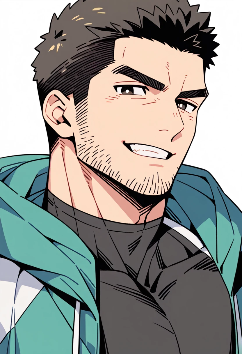 anime characters:Chris Redfield, Muscle Sports Student, Buzz Cut, Manliness, male focus, Sports tight hooded sweatshirt, Wear a black high-necked tights inside, Very tight, Huge chest muscles, muscular male, muscular, only, Upper body, alone, Red short hair, Thick eyebrows, stubble, Brown-red pupils, White background, simple background, amazing quality, best aesthetics, Ridiculous, crew cut, smirk, bright pupils, grin, negative space, best quality