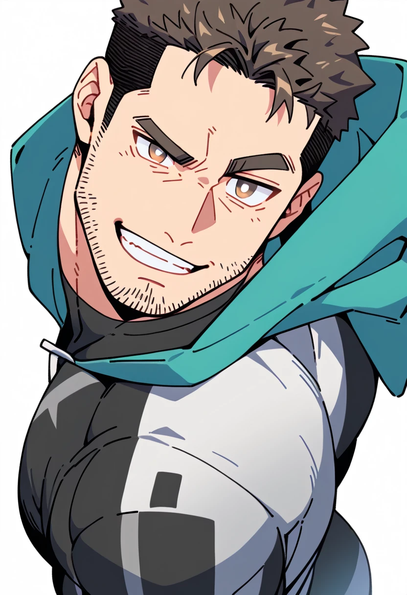 anime characters：Chris Redfield, Muscle Sports Student, Buzz Cut, Manliness, male focus, Sports tight hooded sweatshirt, Wear a black high-necked tights inside, Very tight, Huge chest muscles, muscular male, muscular, only, Upper body, alone, Red short hair, Thick eyebrows, stubble, Brown-red pupils, White background, simple background, amazing quality, best aesthetics, Ridiculous, crew cut, smirk, bright pupils, grin, negative space, best quality