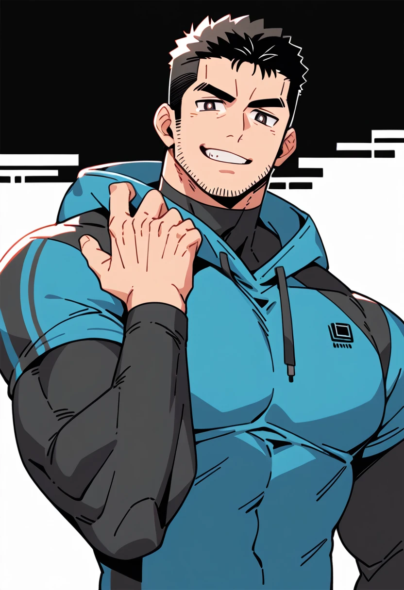 anime characters：Chris Redfield, Muscle Sports Student, Buzz Cut, Manliness, male focus, Sports tight hooded sweatshirt, Wear a black high-necked tights inside, Very tight, Huge chest muscles, muscular male, muscular, only, Upper body, alone, Red short hair, Thick eyebrows, stubble, Brown-red pupils, White background, simple background, amazing quality, best aesthetics, Ridiculous, crew cut, smirk, bright pupils, grin, negative space, best quality