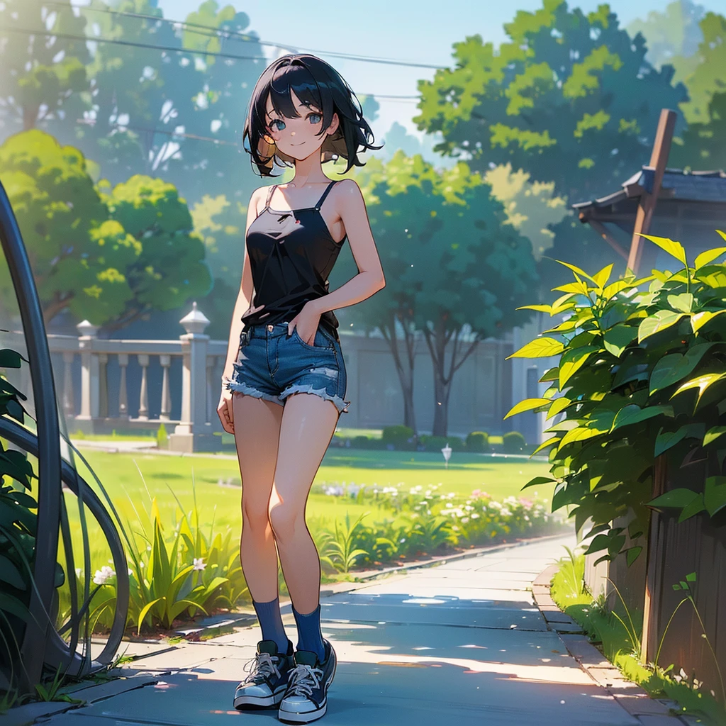 (high quality, High resolution, Very detailed, reality:1.37), Peaceful atmosphere, (Outdoor, garden), Teenage girl standing alone, (my breasts are big.), Beautiful details, Cute Smile, (Black bob hair), camisole, Denim shorts, Blue socks, sneakers.