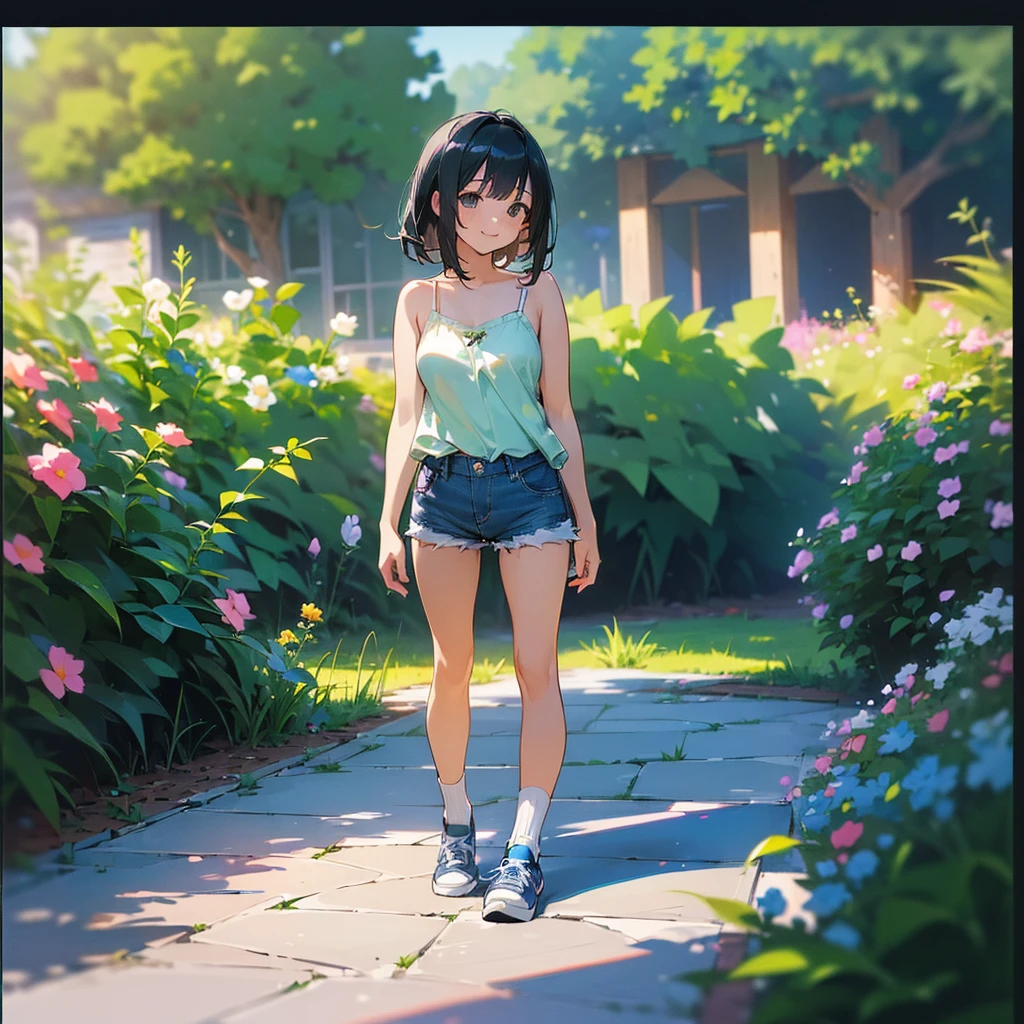 (high quality, High resolution, Very detailed, reality:1.37), Peaceful atmosphere, (Outdoor, garden), Teenage girl standing alone, (my breasts are big.), Beautiful details, Cute Smile, (Black bob hair), camisole, Denim shorts, Blue socks, sneakers.