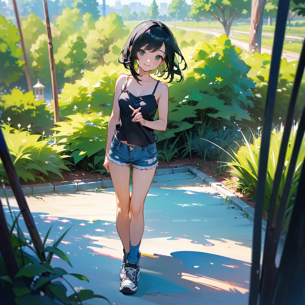 (high quality, High resolution, Very detailed, reality:1.37), Peaceful atmosphere, (Outdoor, garden), Teenage girl standing alone, (my breasts are big.), Beautiful details, Cute Smile, (Black bob hair), camisole, Denim shorts, Blue socks, sneakers.