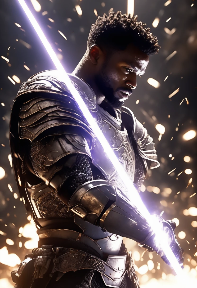 Side angle view A black African man on one knee head facing the ground, sword in it's sheath, explosive white light and particles in background, warzone with shields and torn armour all over the battlefield, sword and sandals epic, ridley scott movie, zach snyder movie, white particles shining a cinematic light providing a silhouette image of the black man, crafted with intricate details in Unreal Engine, Octane Engine, or Vray, evoking a sense of epic.