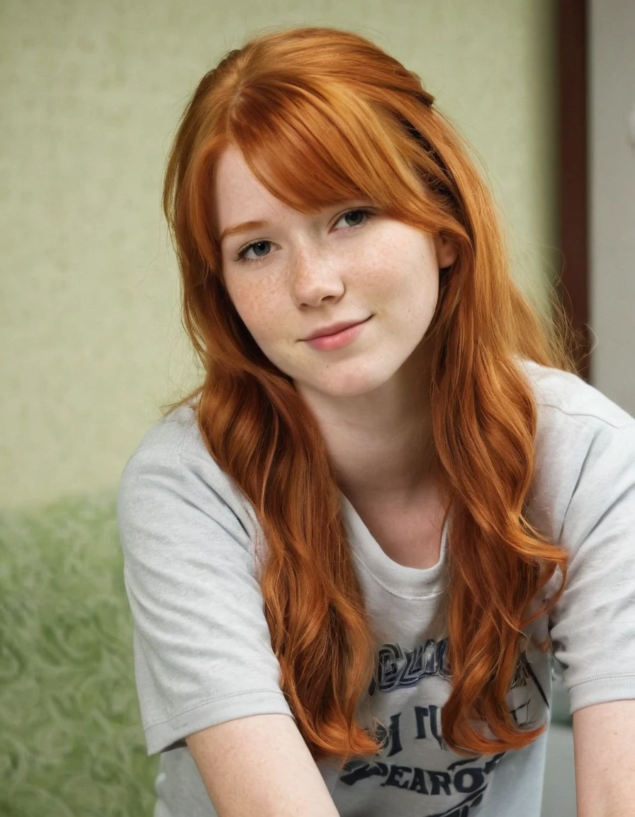 Young girl of approximately 22 years old, redhead, has a good body and a harmonious, attractive and cute face. He is wearing clothes from the 2000s