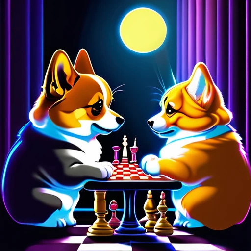 psychedelicstyle magic beamMake me a photo of cute corgi and cute American shorthaircat playing chess.