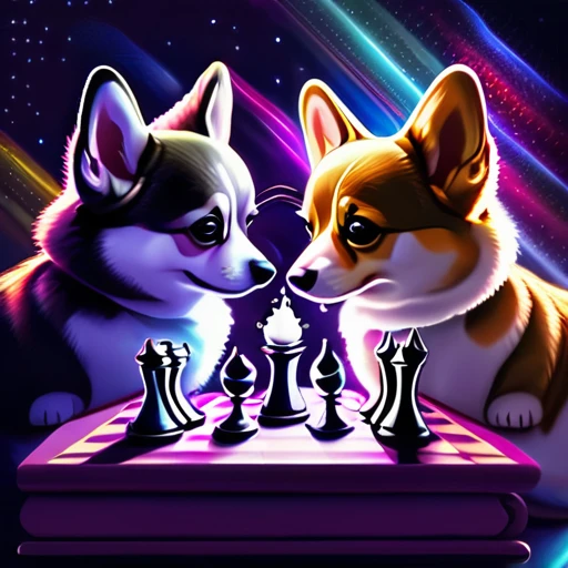 psychedelicstyle magic beamMake me a photo of cute corgi and cute American shorthaircat playing chess.