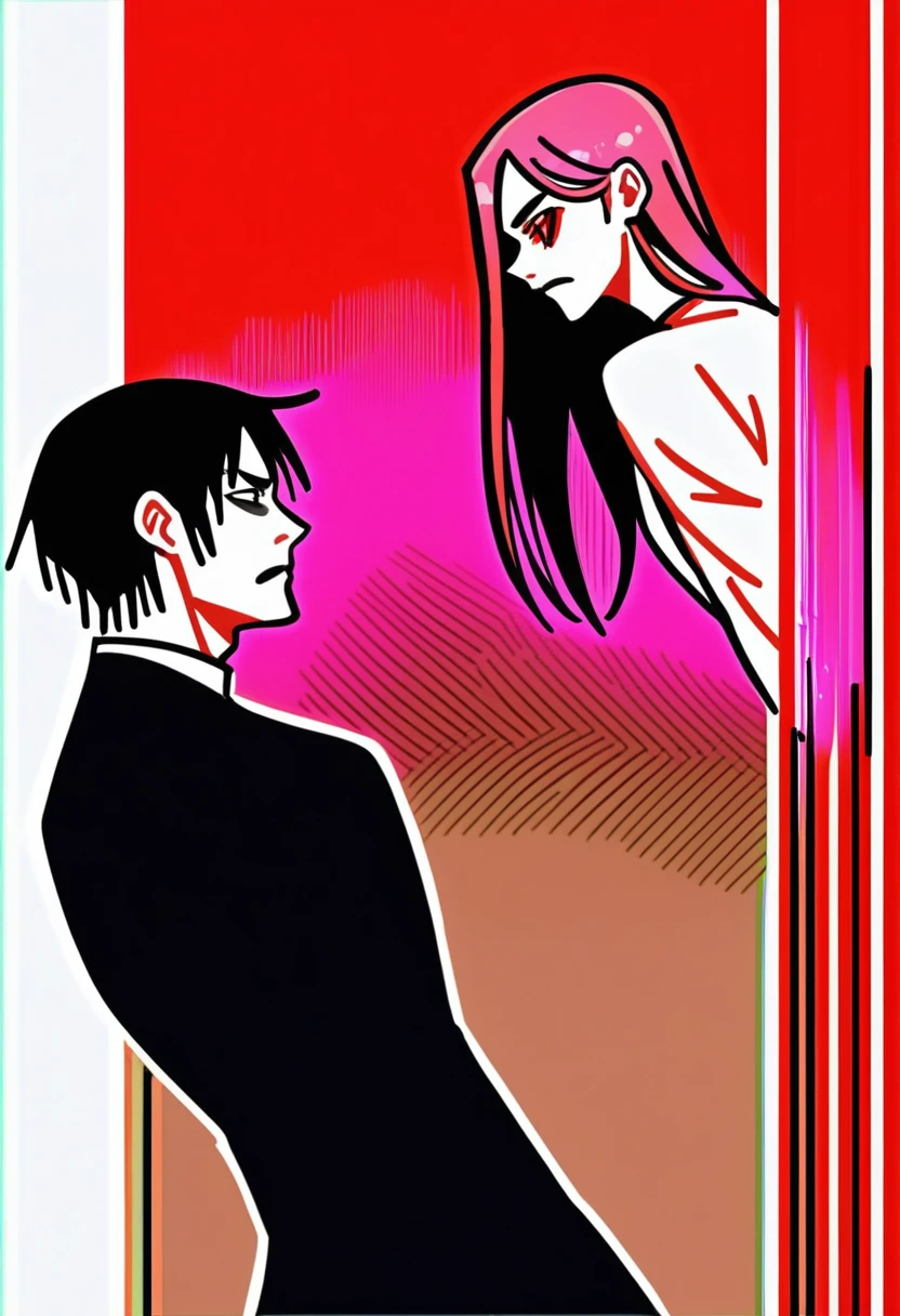 アニメ, White girl, Red hair, long hair, Eyes red, mostrando os peitos, Unclothed, with black demon tail, undressed, with a white man, eyes black, blackquality hair, firing, standing together, doing hentai with the pussy showing