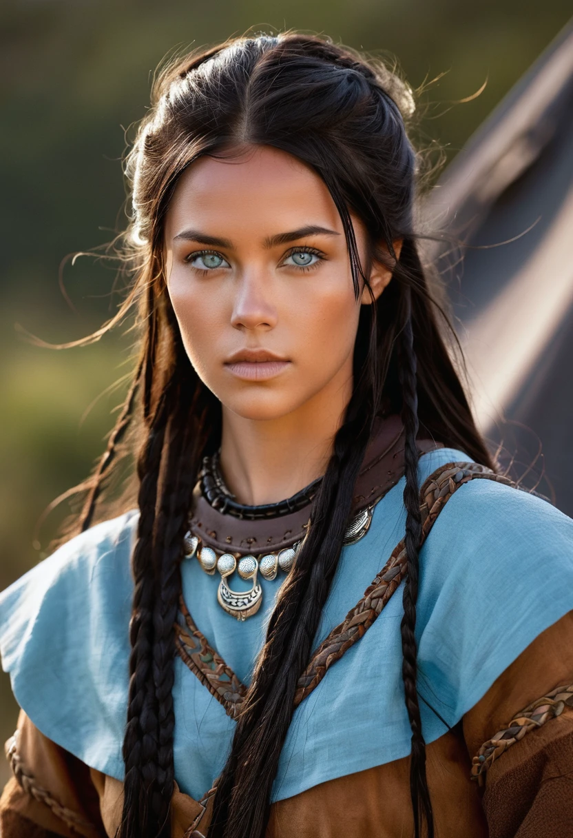 I want you to create a character. She is a 25-year-old young woman with characteristics typical of the Apache people. Her facial features include high, prominent cheekbones, a straight, slightly flat nose, and full lips. Her long, straight black hair, loose, frames a face with tanned skin, common among her people. His light blue eyes contrast with the color of his skin, creating a penetrating and expressive look. She wears traditional Viking clothing, with brown colors and black leather, and is a warrior.
