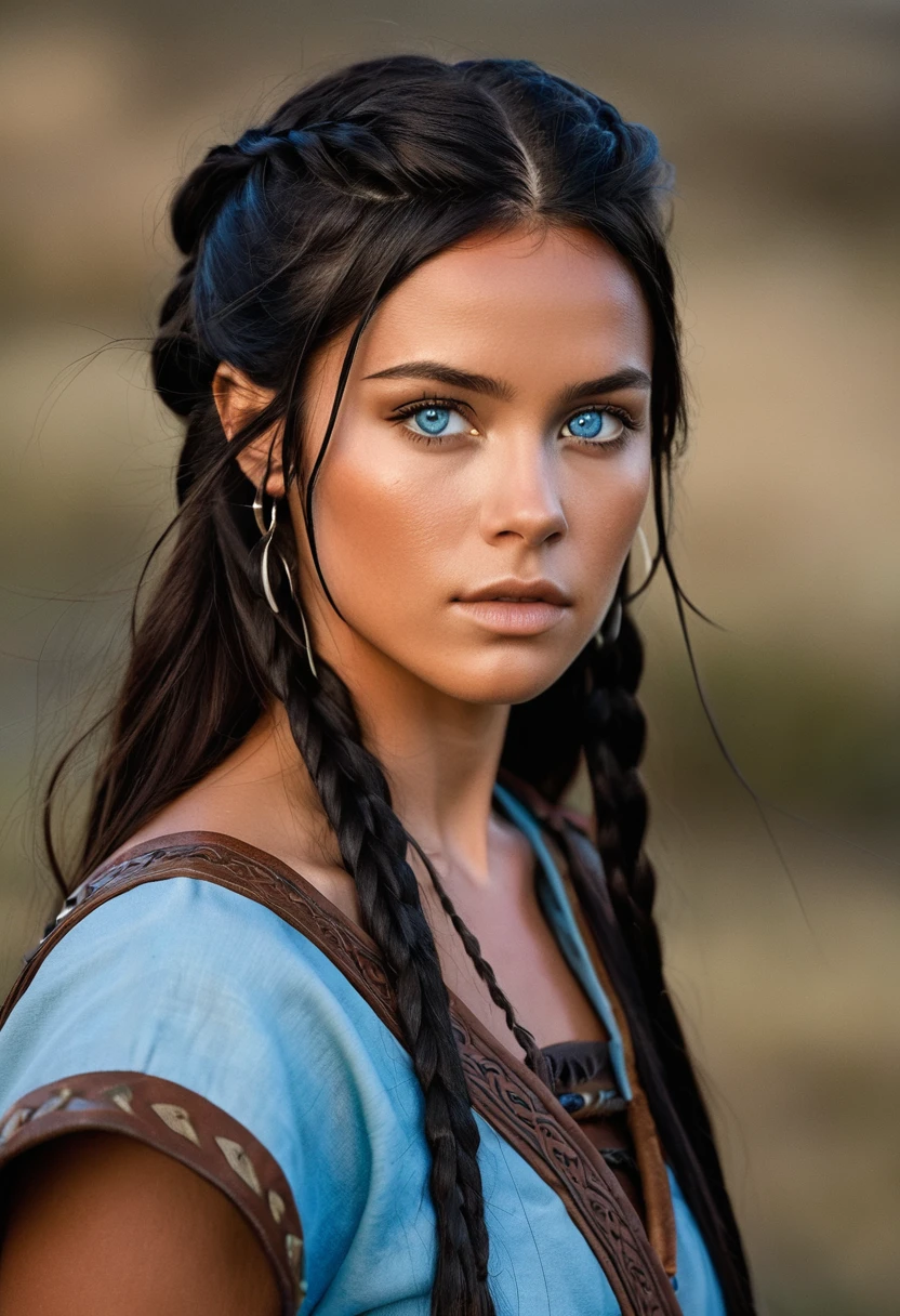 I want you to create a character. She is a 25-year-old young woman with characteristics typical of the Apache people. Her facial features include high, prominent cheekbones, a straight, slightly flat nose, and full lips. Her long, straight black hair, loose, frames a face with tanned skin, common among her people. His light blue eyes contrast with the color of his skin, creating a penetrating and expressive look. She wears traditional Viking clothing, with brown colors and black leather, and is a warrior.