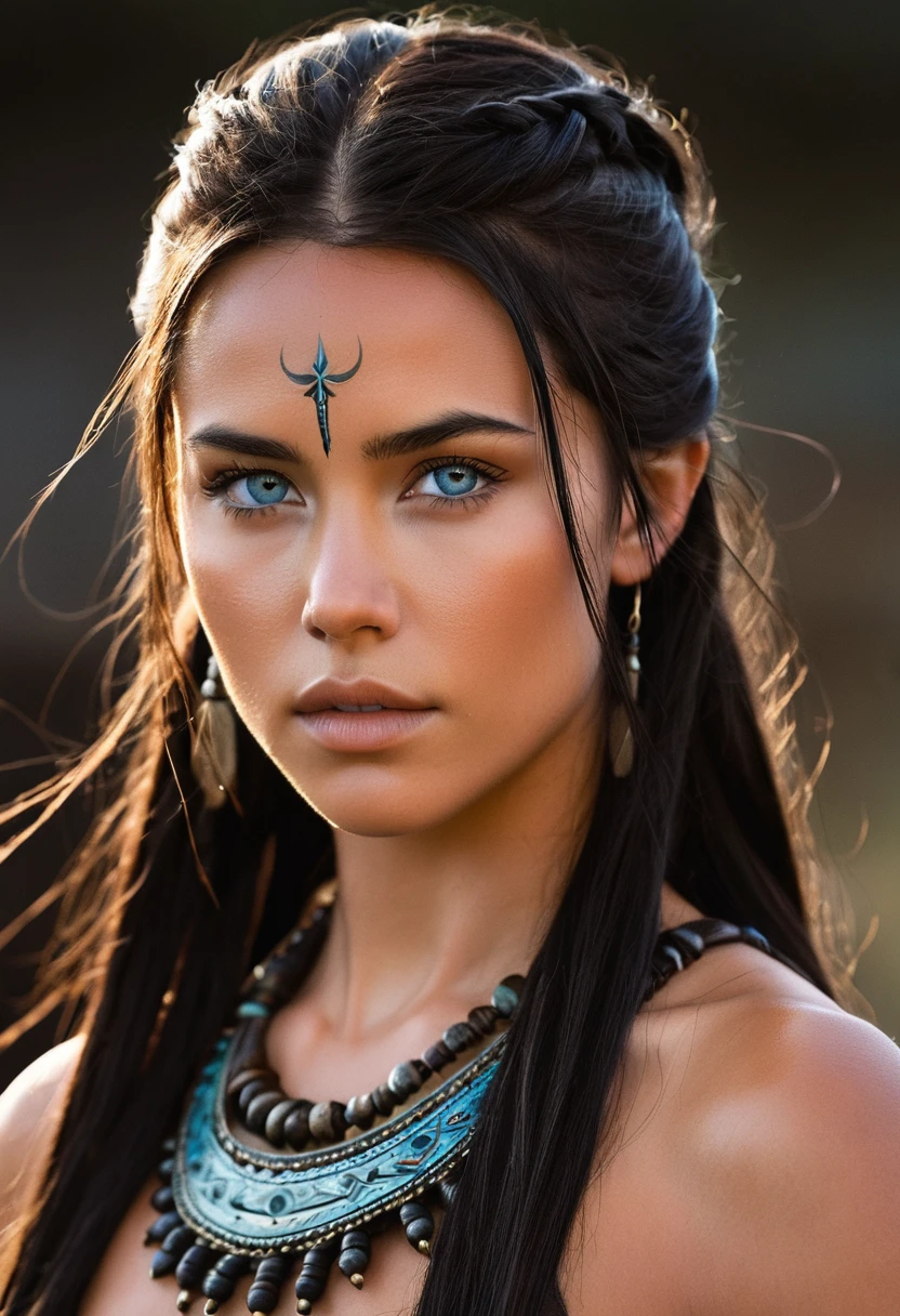 I want you to create a character. She is a 25-year-old young woman with characteristics typical of the Apache people. Her facial features include high, prominent cheekbones, a straight, slightly flat nose, and full lips. Her long, straight black hair, loose, frames a face with tanned skin, common among her people. His light blue eyes contrast with the color of his skin, creating a penetrating and expressive look. She wears traditional Viking clothing, with brown colors and black leather, and is a warrior.