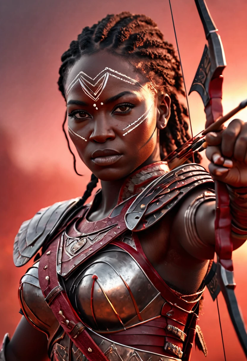 Half body shot of an army or female African archers aiming their arrows towards at the viewer, thousands of female archers wearing african designed armour, on a battlefield, red sky shining a light providing a grey and red cinematic look, crafted with intricate details in Unreal Engine, Octane Engine, or Vray, evoking a sense of epic.