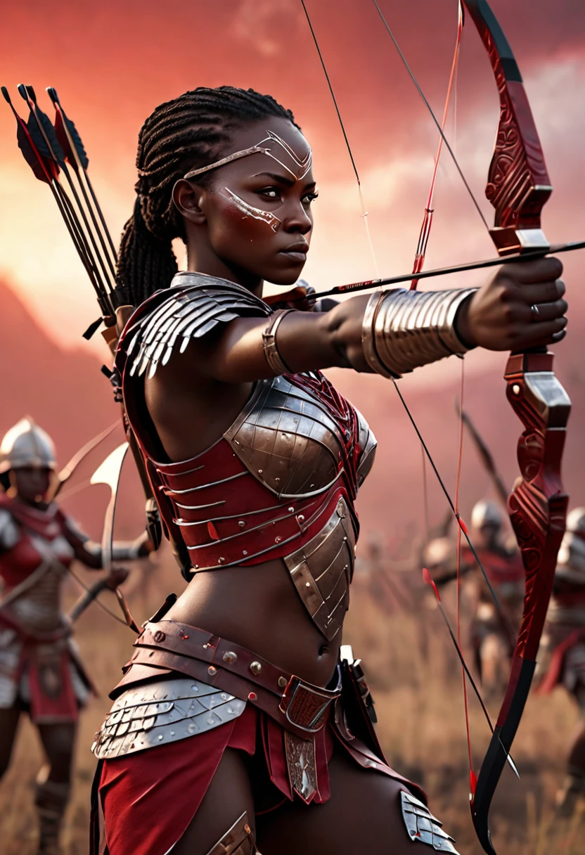 Half body shot of an army or female African archers aiming their arrows towards at the viewer, thousands of female archers wearing african designed armour, on a battlefield, red sky shining a light providing a grey and red cinematic look, crafted with intricate details in Unreal Engine, Octane Engine, or Vray, evoking a sense of epic.