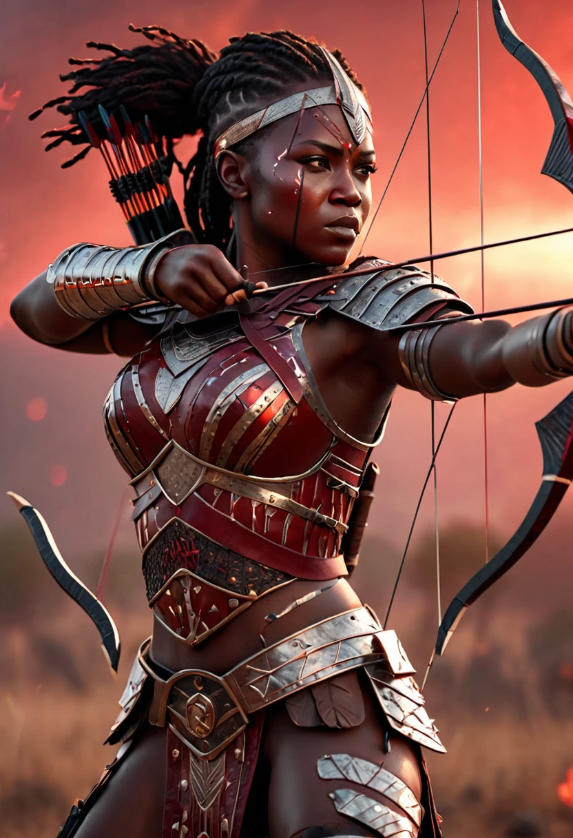 Half body shot of an army or female African archers aiming their arrows towards at the viewer, thousands of female archers wearing african designed armour, on a battlefield, red sky shining a light providing a grey and red cinematic look, crafted with intricate details in Unreal Engine, Octane Engine, or Vray, evoking a sense of epic.