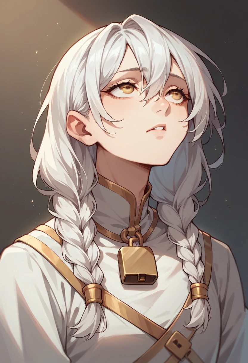 best qualityer, work of art,White hair, gold eyes,white clothes, looking up, trunk,lock of hair,skin fair,Side braids