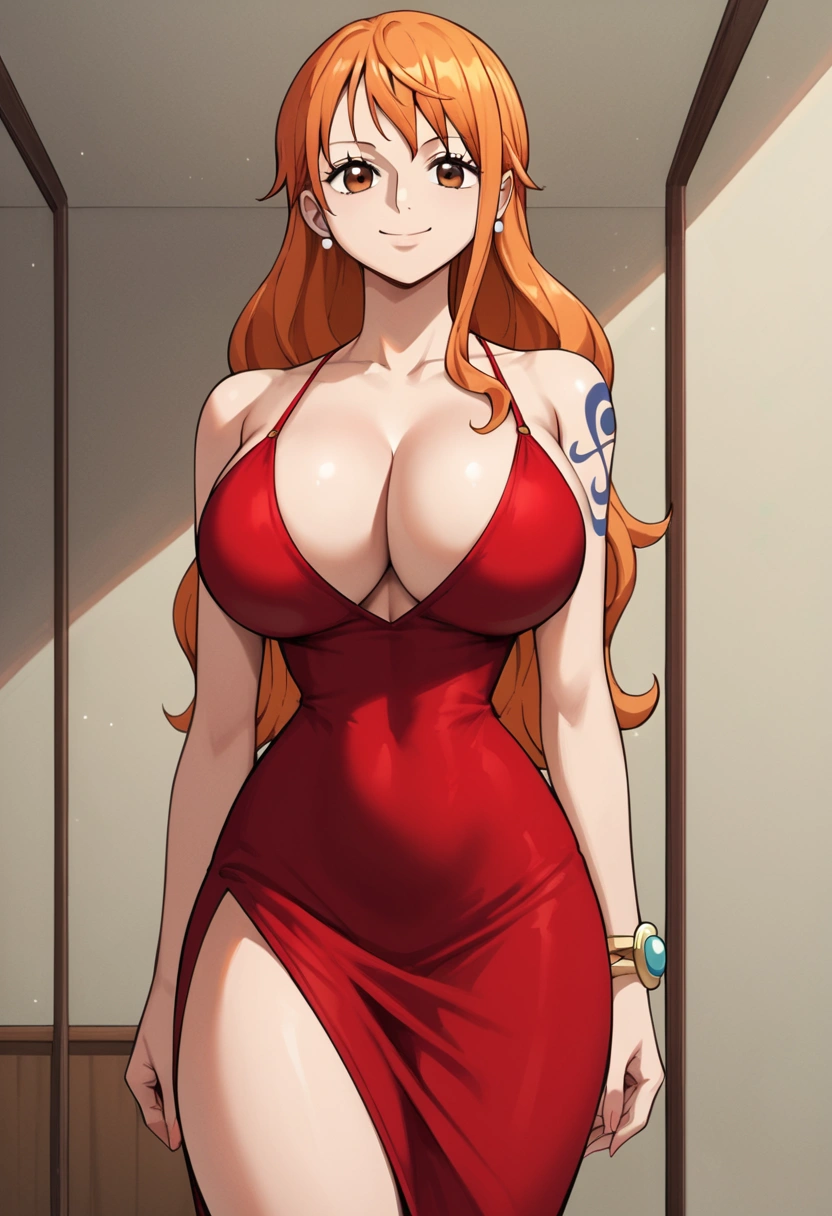 score_9, score_8_up, score_7_up, source_anime, best quality, clear face, Nami, orange hair, long hair, orange eyes, large breasts, perfect body, standing, looking at viewer, smile, cleavage, dynamic angle, tight dress, red clothes, thighs, hotel room
