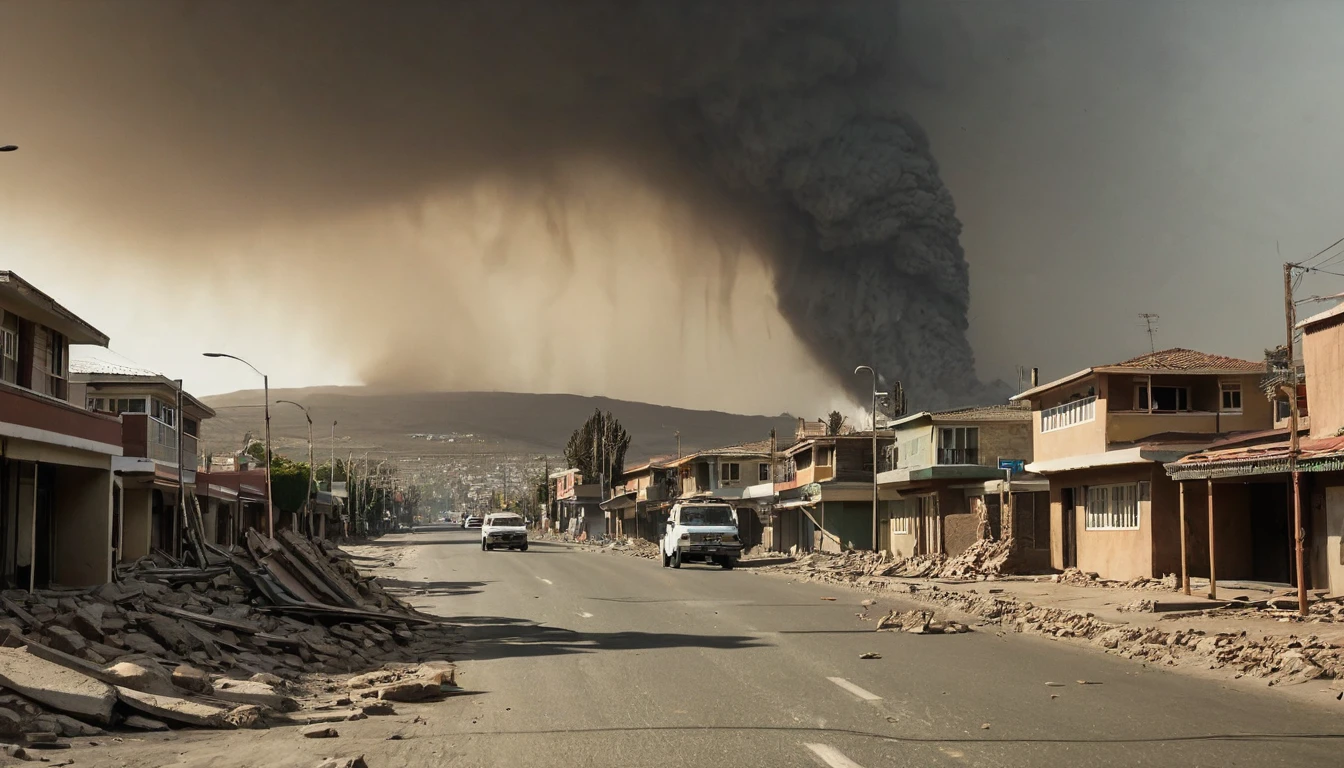 whoa, Dramatic image depicts a frightening earthquake scenario. The scene shows houses and buildings shaken due to the strong tremor in Atacama, Chile. People on the street and dust raised due to the strong movement of buildings. The darkened sky makes the scenario threatening and critical.