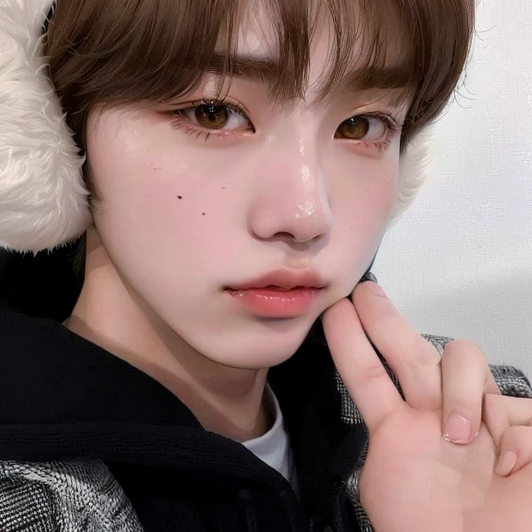 blurry image of a young man in a furry hat, Kim Doyoung, Jinyoung Shin, jung jaehyun, Jimin\the right eyelid is swollen, Tae June Kim, Jimin\fleshy lips, Jimin, adorable and pale korean face, hyung tae, 1 7 year old boy, lean face, sun yunjoo, Ulzzang spacious