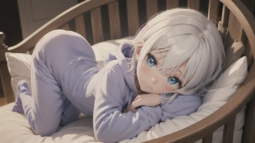 an anime image of a small boy with white hair wearing a thick diaper underneath fox hoodie-footie pjs, hoodie-footie pjs, sleeping in a crib, nursery, (1boy), adorable, masterpiece, extremely detailed, beautiful eyes, sharp focus, vivid colors, studio lighting, intricate details, soft textures, cozy atmosphere, high quality, hood down,