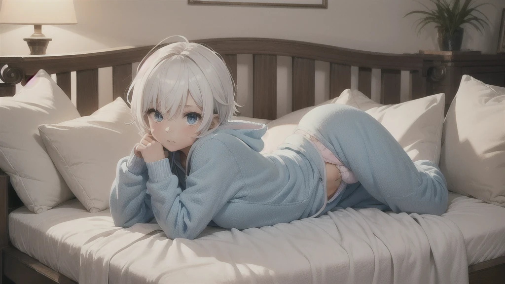 an anime image of a small boy with white hair wearing a thick diaper underneath fox hoodie-footie pjs, hoodie-footie pjs, sleeping in a crib, nursery, (1boy), adorable, masterpiece, extremely detailed, beautiful eyes, sharp focus, vivid colors, studio lighting, intricate details, soft textures, cozy atmosphere, high quality, hood down,