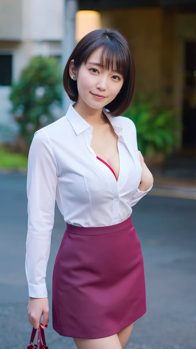 masutepiece, Best Quality, Photorealsitic, finely detail, hight resolution,beautiful japanese woman,beautiful detailed eyes, beautiful detailed lips, extremely detailed face, small head, small areola, cinematic lighting, photorealistic, 8k, high quality, hyper detailed, look at me,smile,(dress shirt),( pencil skirt:1.2),(short hair:1.2),(random outside location),(medium breasts:1.2),(portrait:1.3),slender,beautifull legs,(cleavage:1.3),(sexy posing),mini skirt, (bokeh:1.3) (black pantyhose:1.2),rihoyoshioka