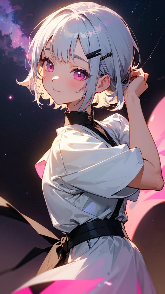 1 Girl、masterpiece、Highest quality、detailed、Silver and bob short hairstyle、Tie your hair up with a hair clip、Pink Eyes、beautiful、Dancer、Starry Sky、night、Anime-style paintings、Hard Edge、Soft Surface、smile、smile、Upper body close-up、From the side、Stage lighting、Spot lighting