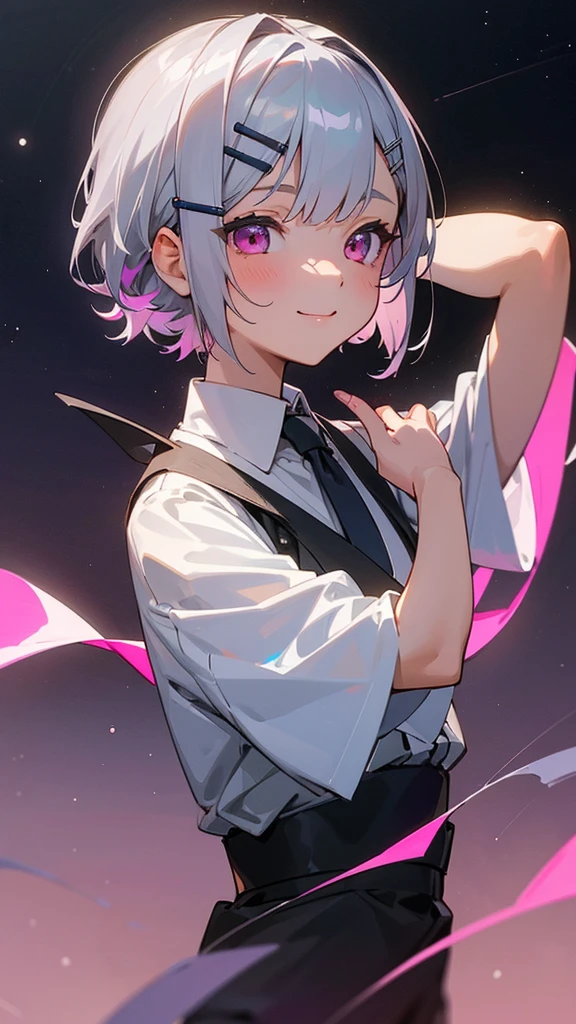 1 Girl、masterpiece、Highest quality、detailed、Silver and bob short hairstyle、Tie your hair up with a hair clip、Pink Eyes、beautiful、Dancer、Starry Sky、night、Anime-style paintings、Hard Edge、Soft Surface、smile、smile、Upper body close-up、From the side、Stage lighting、Spot lighting