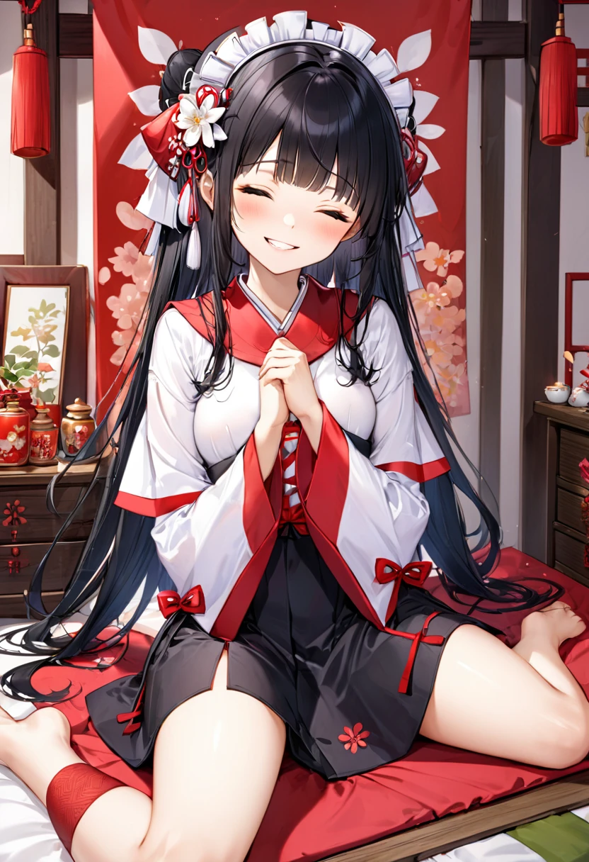 (relax style) (sitting, spread legs), (crossed ankles:1.6), (soro:2, 15 yo, blunt bangs:1.3 black hair long hair sexy shrine maiden girl, sexy closed eyes, grin smile, love smile, glossy lip, medium tits), in a shrine maiden clothes, break, in the cute bedroom, BREAK, perfect anatomy, masterpiece, best quality, 16k, beautiful detailed grow, daydreaming expression.