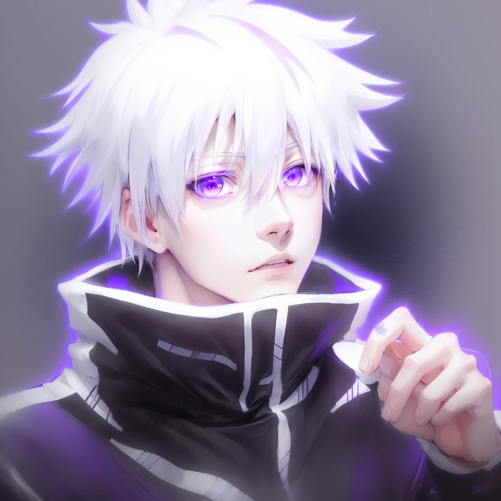 anime character with white hair and blue eyes in a purple jacket, killua zoldyck black hair, killua zoldyck, killua zoldyck portrait, white haired, hajime yatate, nagito komaeda, white-haired, a silver haired mad, white haired deity, shiro from deadman wonderland