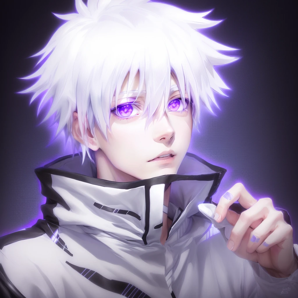 anime character with white hair and blue eyes in a purple jacket, killua zoldyck black hair, killua zoldyck, killua zoldyck portrait, white haired, hajime yatate, nagito komaeda, white-haired, a silver haired mad, white haired deity, shiro from deadman wonderland