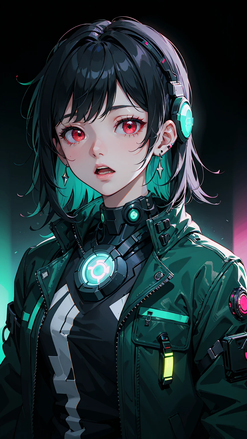 (Highest quality, ), (masterpiece), (Absurd), One girl, Black Hair, bangs, Red eyes, tooth, Open your mouth, Earrings, green Jacket, Jacket, open Jacket, Head-mounted display, Flat Color, Gradient Lights, glitch effect, Portraiture, cyber punk, cyborg, Neon color, neon palette, Techwear