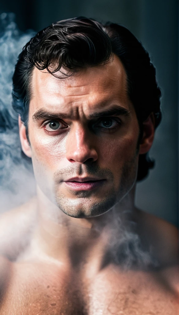 Photo RAW portrait handsome, Henry Cavill super man, piercing gaze,  high quality textures, high quality shadows, high detail, beautiful detail, fine detail, extremely detailed computer graphics, detailed textures, realistic faces, atmosphere of fear and unease, sensual moment from the point of view of someone in a close embrace with a muscular man bathing in smoke with bright laser eyes