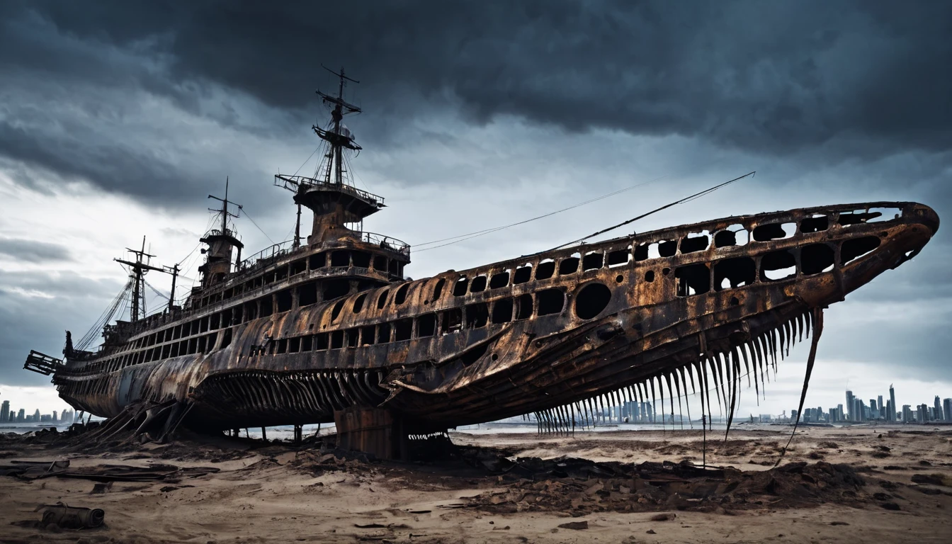 large rusty warship abandoned post apocalyptic night desert dark cloudy whale skeleton on the side and city in the background